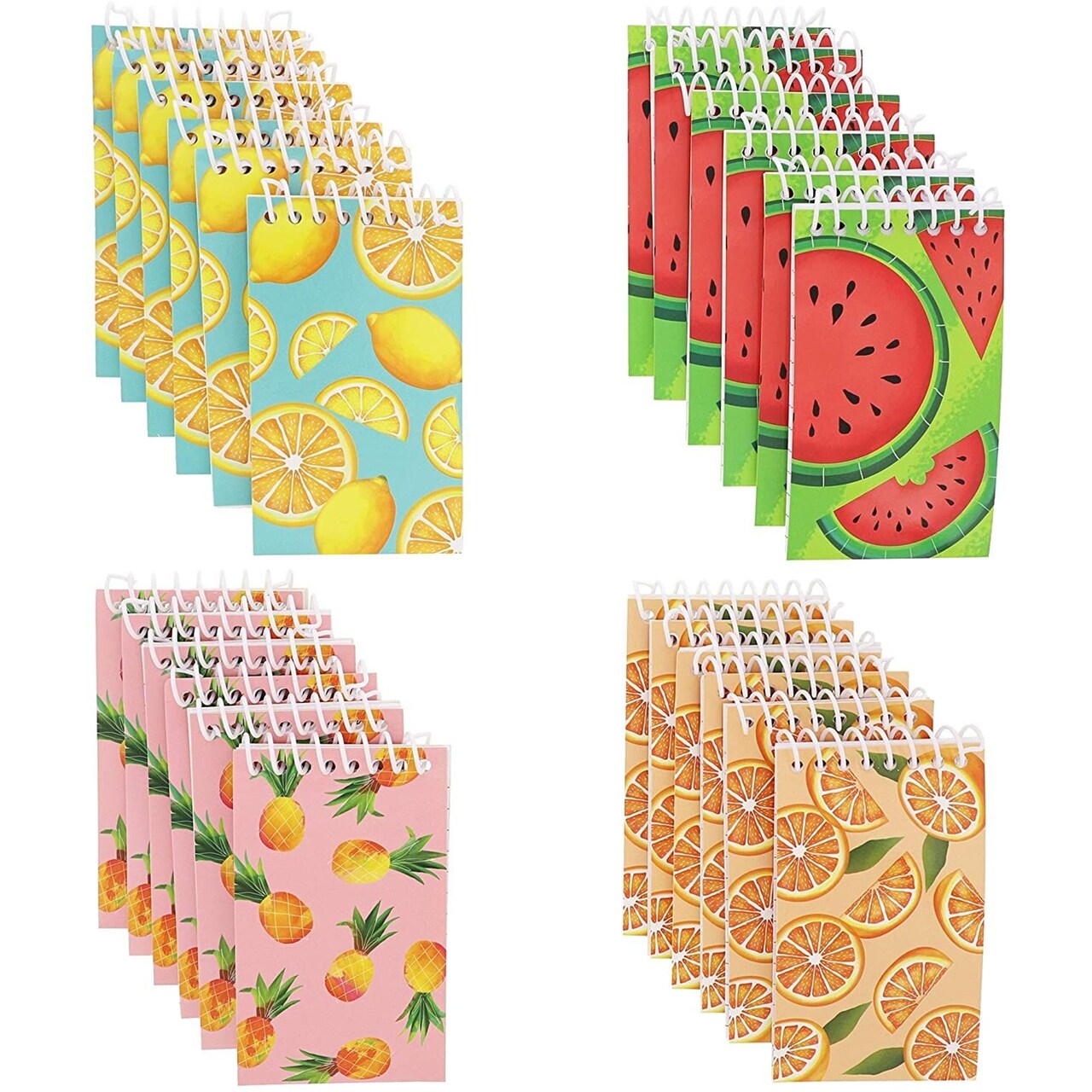 24 Pack Small Spiral Notebook 3 x 5 in, Pocket Size To Do List Notepad, Lined Memo Pads Bulk for Summer Party Favors, 4 Citrus Fruit Designs, 20 Sheets Each